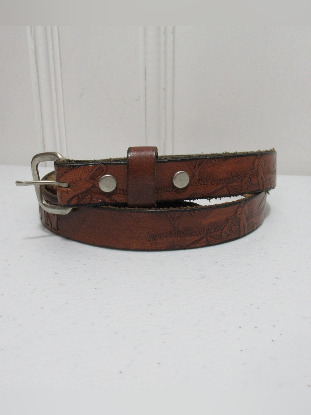 Tooled Brown Leather Belt with Name John Fishing